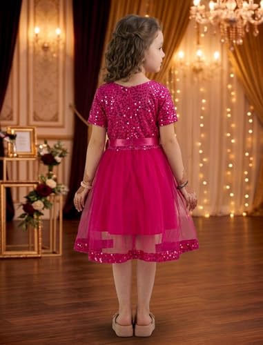 Image of Charming Girls' Kids Velvet & Net Frock with Knee-Length Short Sleeve A-line Round Neck Fit and Flare and Back Zipper Closure|Kids Dress for Baby Girls Birthday Outfit
