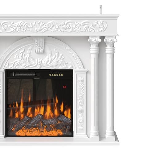 Image of Homsee 55-inch Fireplace with Mantel, Insert with 1500 /750W 23.6-inch Fireplace Heater, TV Stand Decord with Roman Columns in Pine Wood, Electric Fire Place with 12 Color Flame & 8 Hour Timer, White