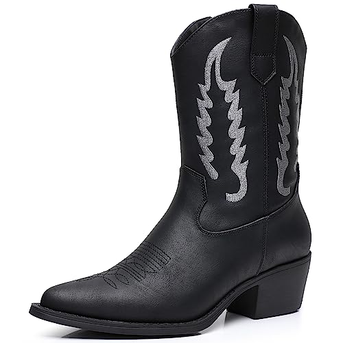 Image of GLOBALWIN Women's Square Toe Cowgirl Boots Classic Mid-Calf Cowboy Boots With Embroidered Stitching Low Heel Comfortable Western Boots For Country Outfits