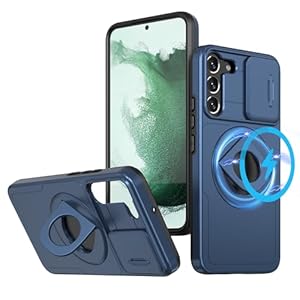 ANNGELAS for Samsung Galaxy S21 Mag-Safe Kickstand Case with Slide Camera Cover,Slim Shockproof Military Heavy Duty Anti-Drop Full Body Protection,360 Rotating Stand Magnetic Phone Case(Blue)