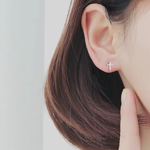 14K White Gold Plated Small Cross Silver Stud Earrings, Hypoallergenic Pave CZ Tiny Cross Stud Earrings for women2