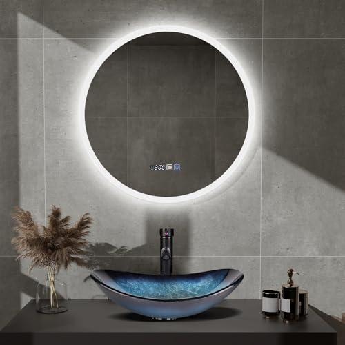 YU YUSING Miroir de Salle de Bain LED Rond 60 cm avec éclairage, 3 Couleurs de lumière réglables, Miroir Mural avec Interrupteur Tactile, Anti-buée, Fonction minuterie IP44
