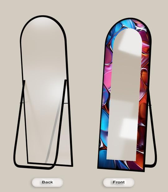 23,5’’W x 67’’H Neon Liquid Chrome – Stained Floor Mirror Arched Full Lenght Mirror - Arch Full Body Stained Floor Mirror with Black Frame with Silver Frame