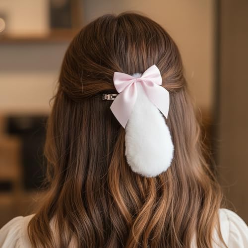 Pinzas para el cabello con orejas de conejo de peluche rosa claro miniatura 6