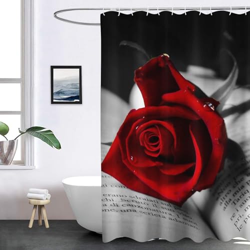WEQEER Duschvorhang Rosen Blumen Roten Rosen Duschvorhänge 120x200 180x180 Anti-Schimmel Wasserdicht Textil Rote Rosen Duschvorhang Für Badzimmer Mit 12 Haken (4,120 x 200 cm)