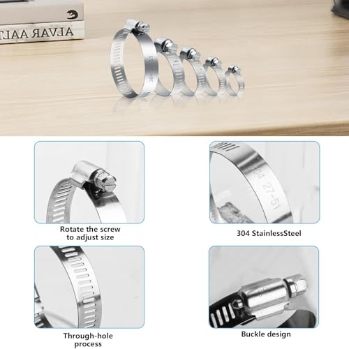 YelaJoy 30PCS Hose Clips Set, Adjustable 6-51mm Range Clamps 304 Stainless Steel, Screws Pipe Clamps Clips Assortment for Hose Pipe Tube, 6-12/10-16/13-19/14-27/27-51mm