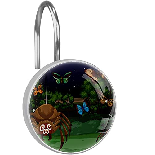 Confezione da 12 ganci per tenda da doccia con farfalle e tarantole, ragno e foresta notturna, ganci resistenti per tenda da doccia, anelli da doccia antiruggine per tenda e asta da doccia da bagno