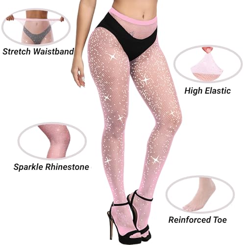 Image of 3 PCS Sexy Sparkle Rhinestone Fishnet Stockings Pantyhose, High Waist Sparkly Party Tights for Women