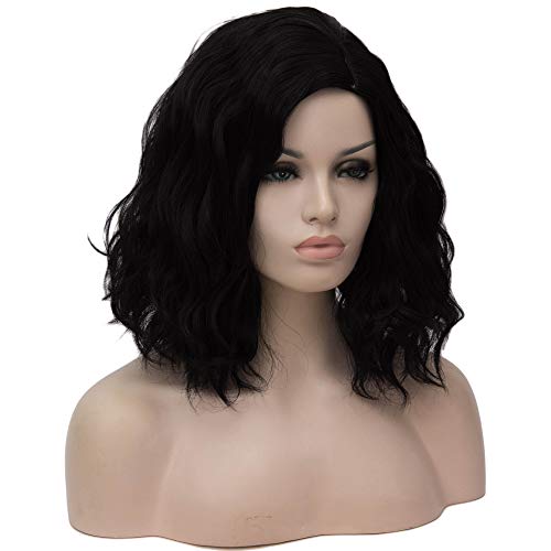 Image of BERON Black Wigs for Women 14 Inch Short Curly Wavy Wig Girls Natural Black Shoulder Length Wig Side Part Wave Halloween Cosplay Party or Daily Wigs