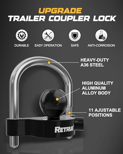 Image of RETRUE Universal Coupler Lock Trailer Locks Ball Hitch Trailer Hitch Lock Adjustable Security Heavy-Duty Steel fits 1-7 /8 Inch, 2 Inch, 2-5 /16 Inch Couplers, Black