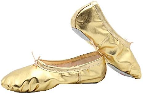missfiona Womens PU Leather Ballet Slippers Dance Shoes Split Sole Belly Flat Adult Dance Trainers(6, Gold)
