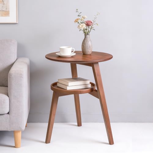 VELOHEIM Bamboo Round Side Table 2-Tier Small Space End Table with Storage Shelf Mid-Century Modern Rustic Style Narrow Table for Living Room Bedroom Sofa Side