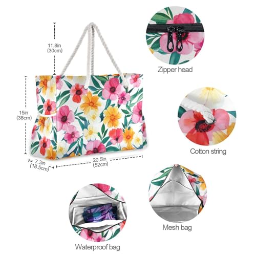 Watercolor Flowers Colorful Beach Tote Bag for Women Beach Bags Waterproof Swim Pool Bag Extra Large Travel Tote Bags with Zipper for Grocery Vacation Essentials Yoga Nurse Gym4