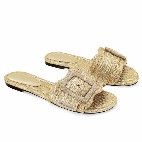 Image of ZJGZF Raffia Sandals for Women Buckle Straw flats Woven Braided Rattan Slides Summer Beach Sandals Comfort Cute Shoes
