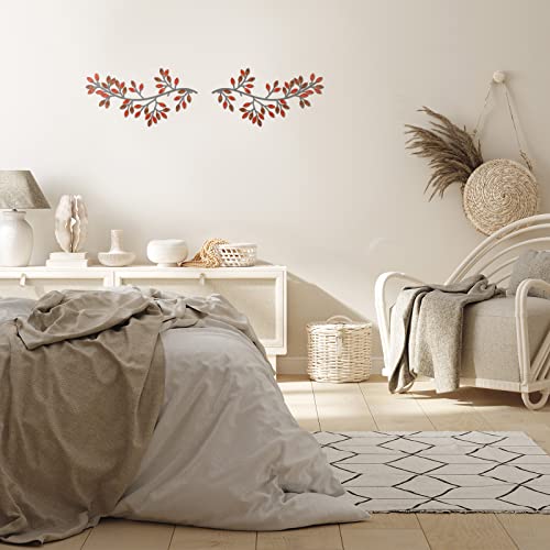 Image of Hotop 2 Pieces Metal Tree Leaf Wall Decor Vine Olive Branch Leaf Wall Art Wrought Iron Scroll Sculptures Above the Bed, Living Room, Outdoor Decoration(Classic Style,Rusty Color)