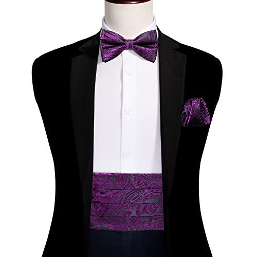 Image of Barry.Wang Men Silk Paisley Cummerbund and Pre-tied Bowtie Handkerchief Cufflink Set for Tuxedo