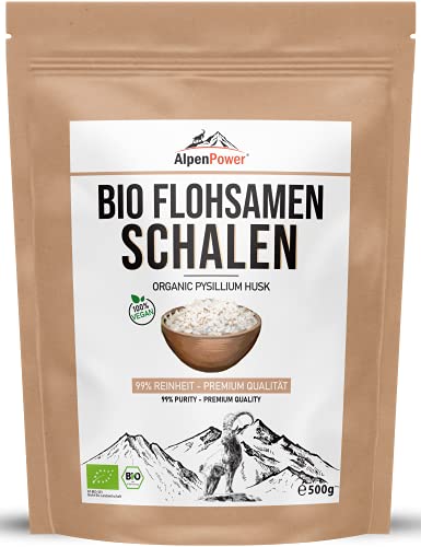 AlpenPower Premium BIO Flohsamenschalen 500 g I 99 % Reinheit I 100 % Biozertifiziert I Vegan I Ballaststoffreich I Low-Carb I Glutenfrei I Ohne Zusätze Cover