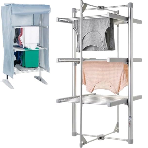 HomeVibe3-Tier Heated Clothes Airer - 24 Rails Drying Rack, 220W Energy-Efficient Electric Clothes Dryer, 111cm Height, Foldable & Compact Design with Overheat Protection