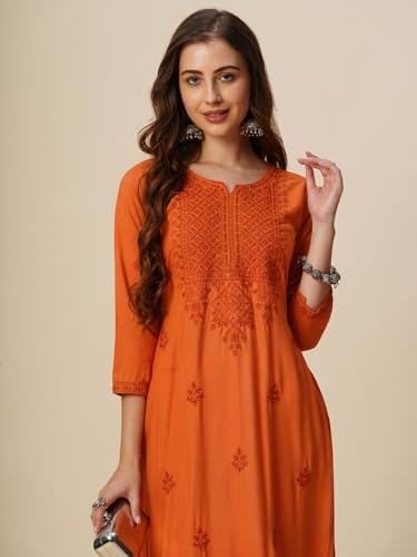 Image of RATAN Rayon Straight Lucknowi Chikankari Ethnic Wear Kurta for Women