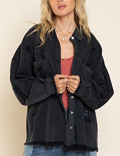 Lumister Womens Causal Oversized Soft Lightweight Distressed Jean Jacket Ripped Fringe Long Sleeve Denim Jacket Shacket((0222-Black-M) #TOP3