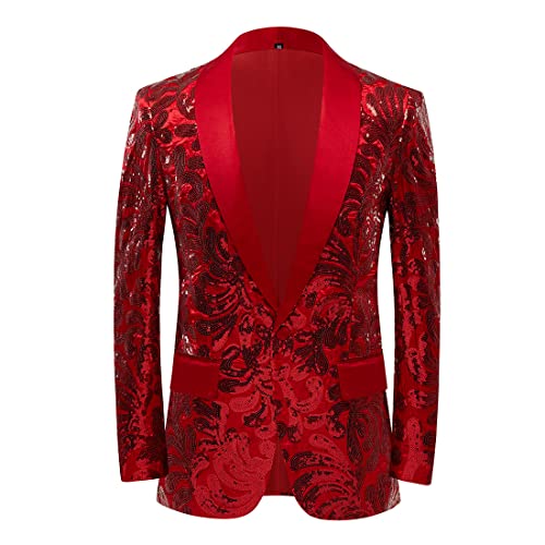 PYJTRL Blazer élégant en Satin pour Homme Motif Floral (50, Rouge) Cover
