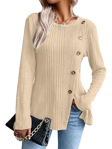 Lista de Camisas de Moda para Dama , tabla con los diez mejores. 47 VIOPY Camiseta de Manga Larga Mujer con Diseño Dividid Casual Playera Dama Blusas de Mujeres de Moda Elegantes (Albaricoque, X-G)