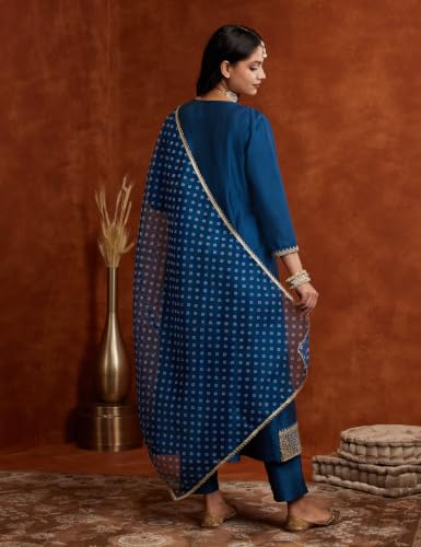 Image of Amazon Brand - Myx Women's Embroidered Anarkali Kurta Pant Set with Organza Dupatta | A-line fit (Available in Plus Sizes)