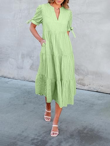 Image of Theenkoln Womens Casual Midi Dress: Short Sleeve V-Neck Empire Waist Gingham Spring Fashion Long Trendy Tiered Formal Dresses