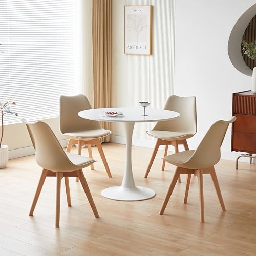 Nera 90cm Round Wooden Dining Table and Chairs Set 4 with Padded Seat Cushions & Sturdy Wooden Legs for Home Office Kitchen (Table with 4 Cream Chairs, White Table)
