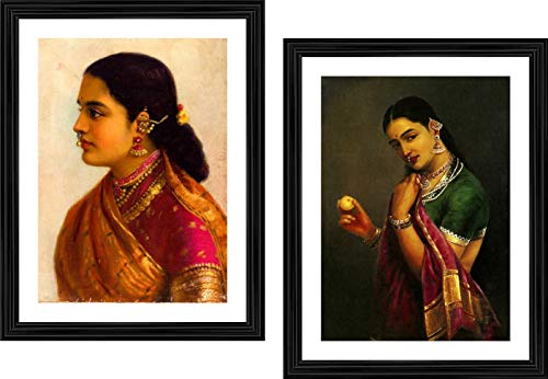 Image of Adventures� *Women in Red Sarees*- Two Paintings by Raja Ravi Varma, Set of 2 Wall D�cor Frames. Matt Satin Print with MDF & 1 inchPS Black Frame. Size 14 inchx18 inch each.