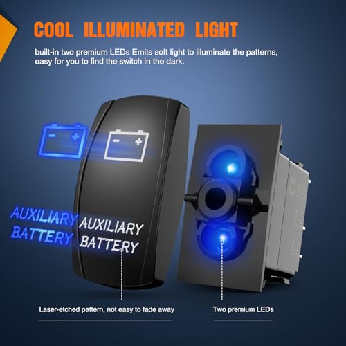 Image of Nilight Auxiliary Battery Rocker Switch Led Light Bar 5 Pin Laser On Off | SPST Switches 20A /12V 10A /24V Blue with Jumper Wires Set for Cars Trucks Boats ATVs UTVs RVs