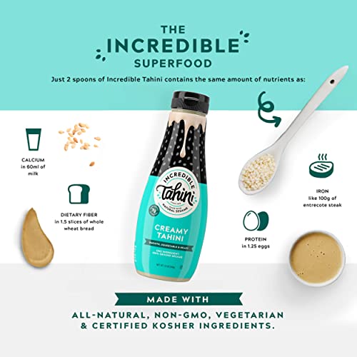 Incredible Tahini Squeezable Natural Sesame Butter | Plant-Based & Classic Tahini Paste for Salad Dressing and Hummus | Certified Kosher and Peanut Free Ground Sesame Seed Vegan Dip – 1 Pack 16oz