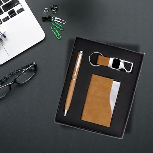 Image of 3 in 1 Personalized Keychain with Pen & Cardcase Combo Gift Set | Custom Name Engraved Leather Notebook with Premium Metal Pen | Ideal for Office, Corporate & Personal Gifting (Tan)