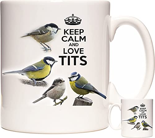 Image of Blue Bird Garden Bird Mug, Keep Calm and Love. Lovely Ceramic Gift Mug Featuring British Garden Birds. Blue Titmouse, Coal Titmouse, Long Tailed Titmouse