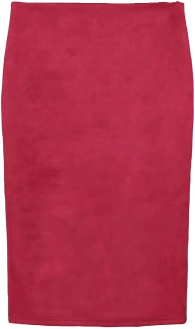 Women's Suede Zipper Straight Midi Skirt Office Solid Knee-Length Business Party Wrap Skirts