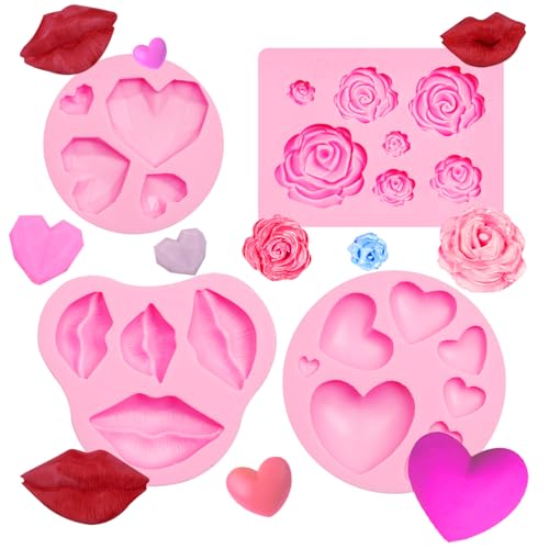 Vintage Heart Chocolate Molds Silicone, Hearts Lips Pearls Flowers Fondant Molds for Valentine Wedding Cake Decoration (Rose Heart Silicone Chocolate Molds Z254)