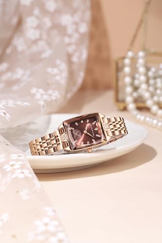 Image of Giordano Analog Watch for Women - Rectangular Dial, Crystal Hour Markers and Rose Gold Stainless Steel Strap