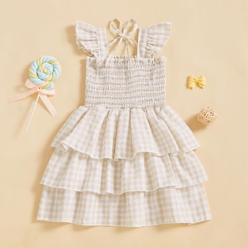 Little Girl Summer Dress Fly Sleeve Plaid Print Layered Smocked Dresses Cute Square Neck A-line Dress4