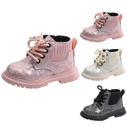 Girls/Boys Ankle Combat Boots with Side Zipper and Lace-Up, Glitter Style, Easy On/Off Sparkly Shoes for 1-6 Years