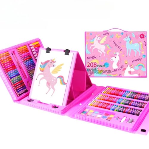 MiluFox お絵かきアートセット 208 ピース(ピンク) 色鉛筆/クレヨン/水性ペン/絵の具 画板・鉛筆削り・消しゴム付き 収納ケース携帯便利 子供 (幼稚園/小学生) 祝い (入園/入学/卒園/誕生日/クリスマス) プレゼント用