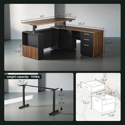 63" Standing Desk with File Cabinet, Privacy Panel, AC/USB, 1.18" Desktop, Executive L Shaped Height Adjustable Electric Stand Up Desk, Home Office Table with 3 Drawers, Black Walnut - Thumbnail 2
