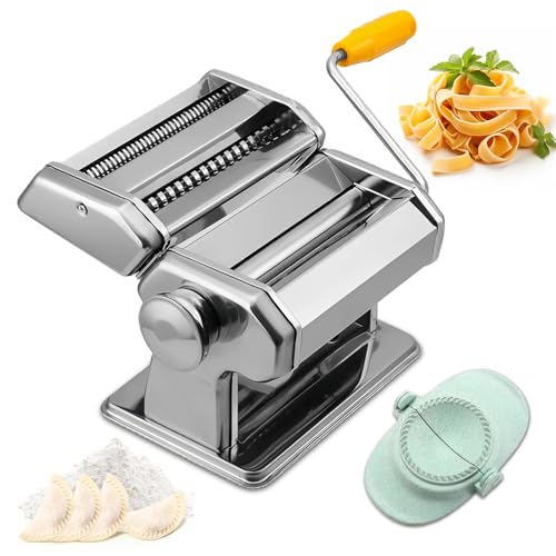 Stainless Steel Manual Pasta and Gyoza Maker, Noodle Machine with Adjustable Thickness for Fresh Spaghetti, Lasagna, and Dumplings