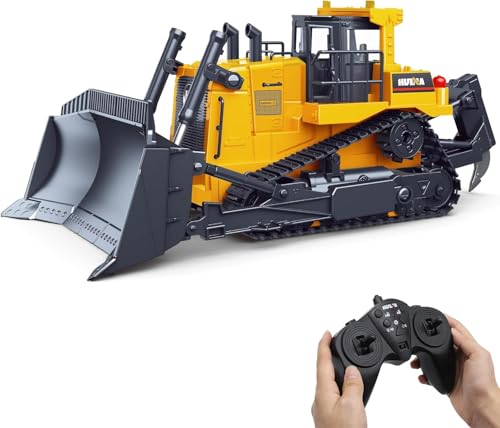 fisca RC Bulldozer Ferngesteuerter 1/16 Voll Funktionsfähiges Baufahrzeug Ferngesteuerter Schwerer Bulldozer 2.4 GHz 11-Kanal-Dozer-Frontlader-Spielzeug mit Licht und Sound für Kinder