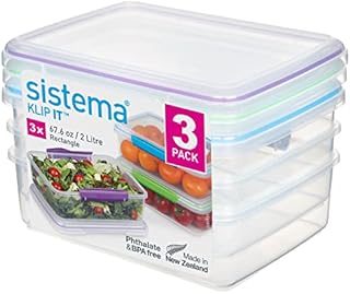 Sistema KLIP IT Food Storage Containers | 2 L | Stackable, Nestable & Airtight Fridge/Freezer Food Boxes with Lid | BPA-Free Plastic | Blue, Green & Purple Clips | 3 Count
