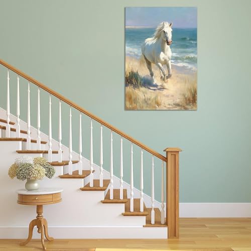 Impresión de caballo en playa sobre lienzo con marco blanco de 30cm 3