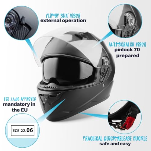 VINZ Kennet Integralhelm mit Sonnenblende | ECE 22.06 & PINLOCK vorbereitet | Motorradhelm für Herren & Damen | Mopedhelm / Vollvisierhelm | Fullface Helm Roller | Größe XS–XXL