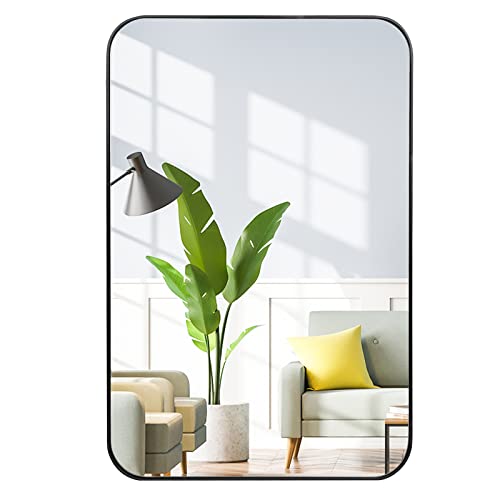 Großer Badezimmerspiegel für Wand, 61 x 91,4 cm, rechteckig, schwarzer Metallrahmen, Ecken, hängende Duschspiegel für Wohnzimmer, Schlafzimmer, Eingangsbereich, horizontal oder vertikal Cover