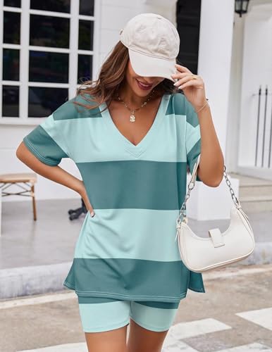 Image of Ekouaer Womens Pajamas 2 Piece Lounge Sets Oversized V Neck T-Shirts Tops Biker Shorts Set Workout Reversible Tracksuit S-XXL