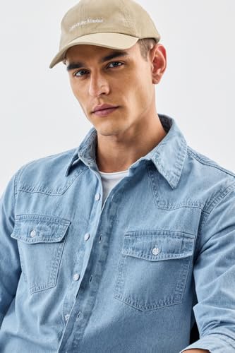 Image of SNITCH Men Casual Shirt | Regular Fit Long Sleeve Spread Collar Solid Pattern | 100 Percent Cotton Fabric & Durable Denim Shirt for Men & Rugged Men's Fashion Top