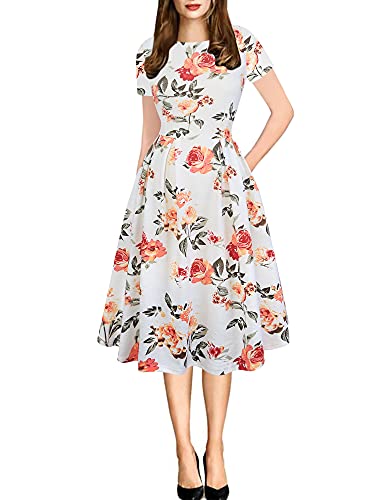 oxiuly Women's Vintage Patchwork Pockets Puffy Swing Casual Party Dress OX165